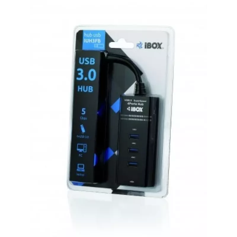 USB 3.2 Gen 1 Type-A 4 portu centrmezgls IBOX IUH3FB, 5000 Mbit/s, melns, 0,5 m kabelis