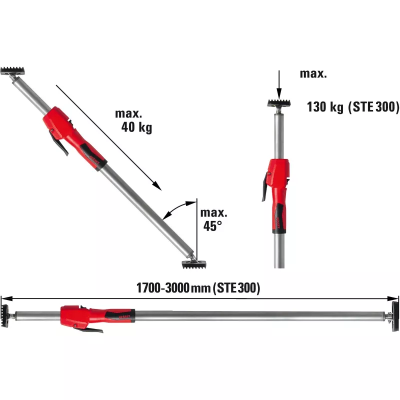 Drywall support Bessey STE300 with adjustable height and tripod base, Melns/red/silver finish