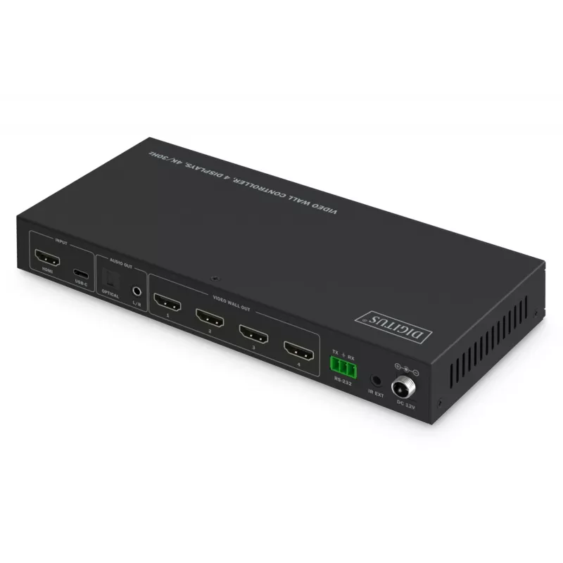 Video sienas kontrolieris DIGITUS DS-55358 — 4 displeji, līdz 4K (3840×2160) @30Hz, DisplayPort 1.2a, metāla korpuss, pogu vadība