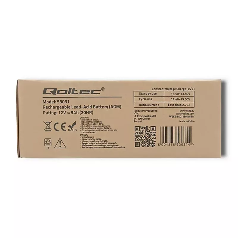 Nepārtrauktās strāvas padeves akumulators QOLTEC 53031 12V 9Ah zaļš, 152×94×65 mm, 2,35 kg