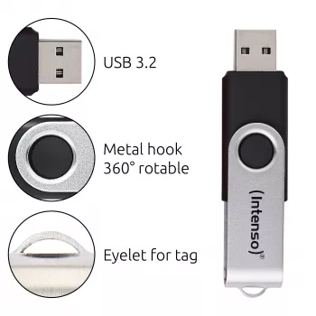 Intenso USB zibatmiņa Office Line, 64 GB, USB-A, 3.2 Gen 1x1, melns-sudraba, 64 GB, USB Type-A, 3.2 Gen 1 (3.1 Gen 1), grozāms gredzens, Melna, Sudraba
