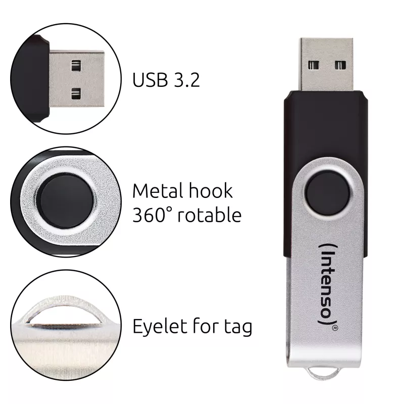 Intenso USB zibatmiņa Office Line, 64 GB, USB-A, 3.2 Gen 1x1, melns-sudraba, 64 GB, USB Type-A, 3.2 Gen 1 (3.1 Gen 1), grozāms gredzens, Melna, Sudraba