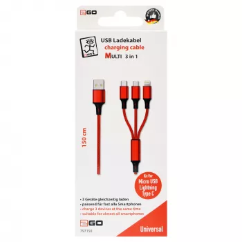 USB kabelis 2GO 797150 1,5 m USB B USB C/Micro-USB B/Lightning sarkans