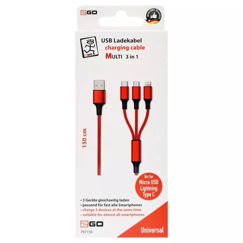 USB kabelis 2GO 797150 1,5 m USB B USB C/Micro-USB B/Lightning sarkans