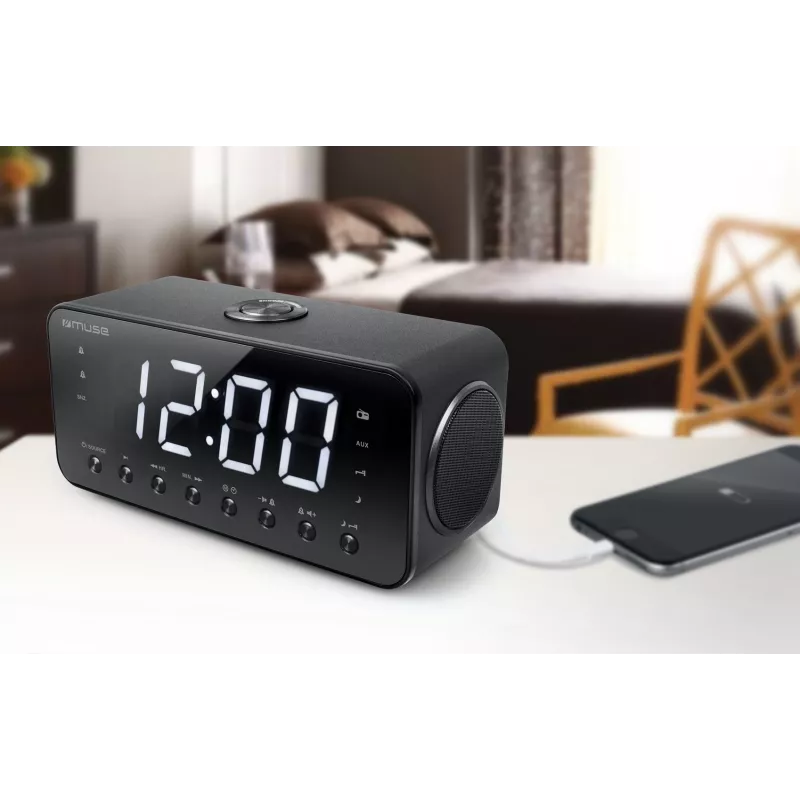 Modinātājradio Muse M-192 CR — digitālais pulkstenis, FM uztvērējs, 1,8 collu LED displejs, melns koks, maiņstrāva 100–240 V, AAA rezerves