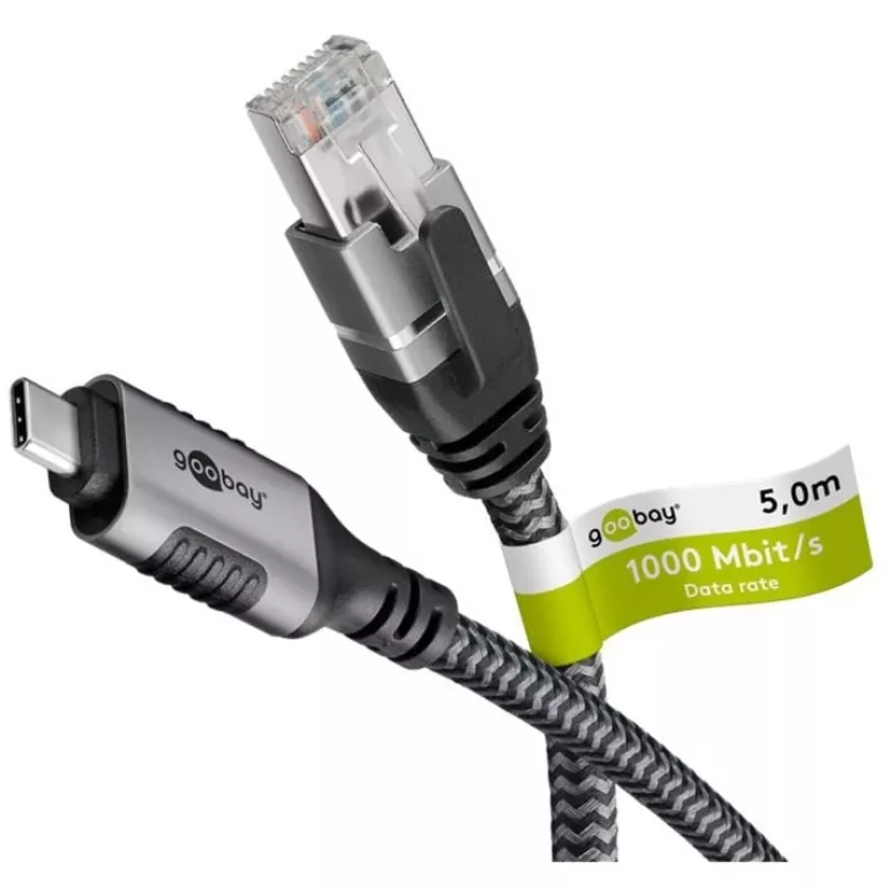 Ethernet kabelis USB-C 3.2 Gen2 spraudnis > RJ-45 spraudnis (melns/sudraba, 5 metri, pīts tekstila apvalks)