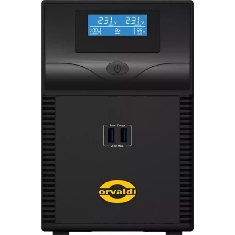 ORVALDI ID2K0CH Line-Interactive 2 kVA / 1200 W bezpārtraukuma barošanas avots, 24 V, 9 Ah akumulatori, LCD, USB, kompakts melns