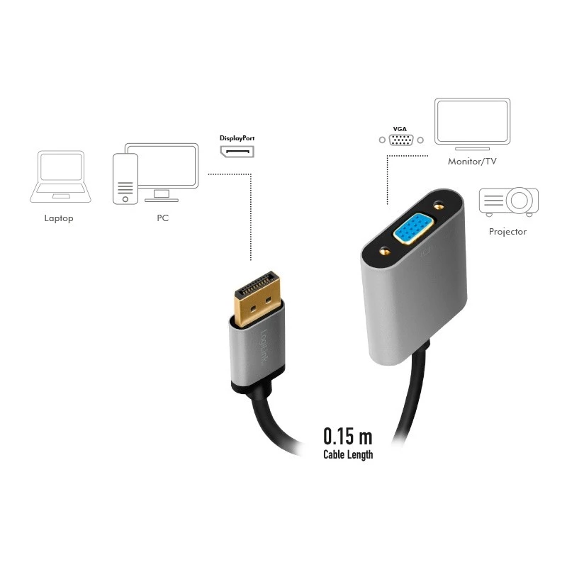 LogiLink CDA0109 savienotāju adapteris DisplayPort uz VGA 0,15 m pelēks/melns