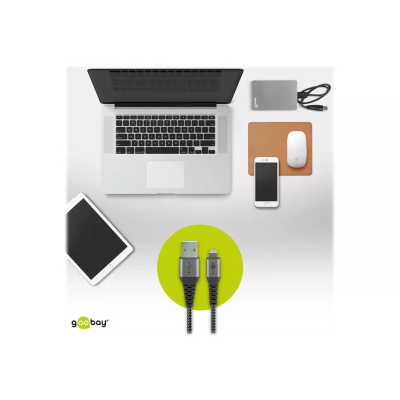 USB-A uz Lightning kabelis GOOBAY 2 m, tekstila apvalks, 3,3 mm diametrs, pelēks kosmosa/sudraba