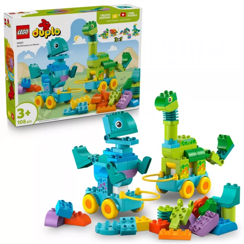 Konstruktors LEGO DUPLO 10451 Dinozauri uz riteņiem 3-in-1 komplekts, 108 gab., vecumam 3+, augstums 220 mm