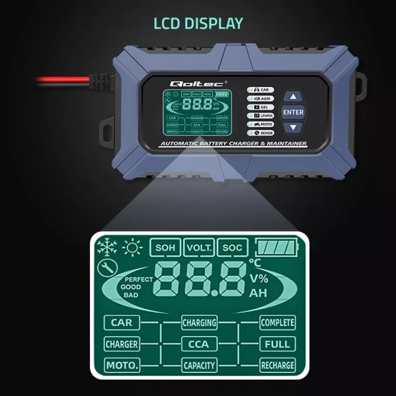Qoltec viedais mikroprocesoru akumulatoru lādētājs ar akumulatora testeri un 12V atjaunošanas funkciju | 6A | LCD | Akumulatoru lādētājs AGM LiFePO4 GEL akumulatoriem