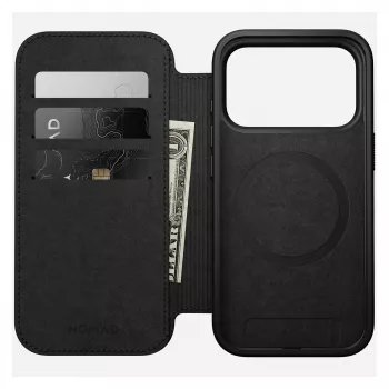 Atvāžamais tālruņa maciņš Nomad Modern Leather Folio iPhone 17 Pro, āda + alumīnijs, 6,3 collas (16 cm), iedegums, 3 karšu kabatas