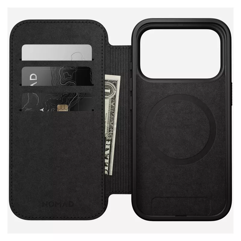Atvāžamais tālruņa maciņš Nomad Modern Leather Folio iPhone 17 Pro, āda + alumīnijs, 6,3 collas (16 cm), iedegums, 3 karšu kabatas