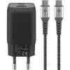 USB-C Ātrais lādētājs Nano, PD, GaN, 65 W, USB-C pīts kabelis (melns, 1x USB-A, 2x USB-C PD, Quick Charge 3.0, 1 metra kabelis)