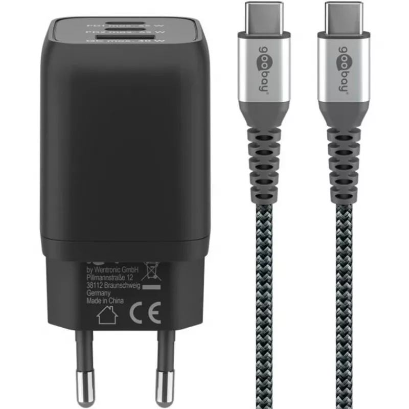 USB-C Ātrais lādētājs Nano, PD, GaN, 65 W, USB-C pīts kabelis (melns, 1x USB-A, 2x USB-C PD, Quick Charge 3.0, 1 metra kabelis)