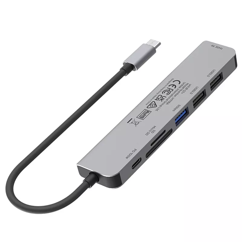 USB-C centrmezgls Unitek 7in1 Aluminium PD 100W 5 Gbps — multiportu adapteris ar Power Delivery
