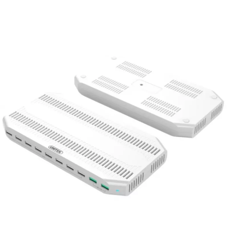 Uzlādes stacija Unitek Y-2190A — 10 × USB ports (8 × USB 2.0 + 2 × USB 3.2 Gen 1), bezvadu uzlāde, 96 W kopējā jauda