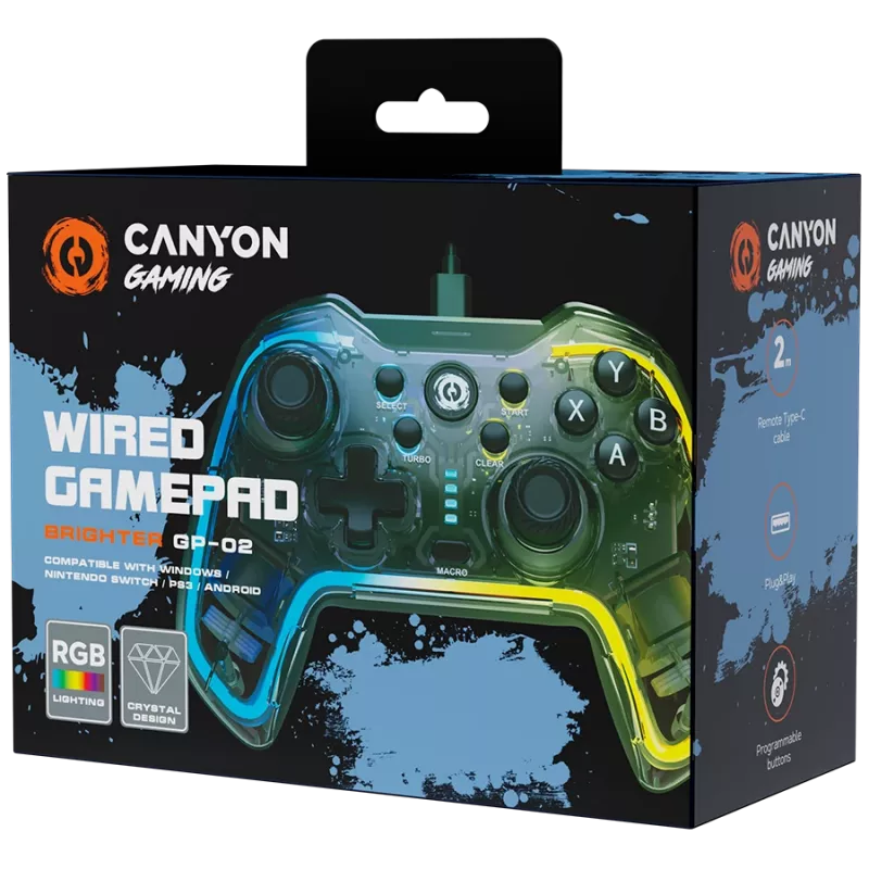 Vadu spēļu kontrolieris Canyon GP-02 operētājsistēmai Windows, PS3, Android multivides kastēm, Nintendo Switch ar 2 m kabeli