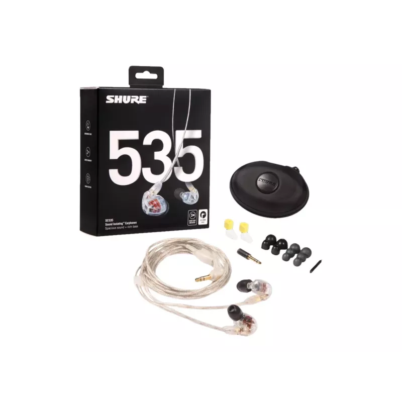 Shure SE535 austiņas, vadu, iekšauss, skatuves/studijas, caurspīdīgas