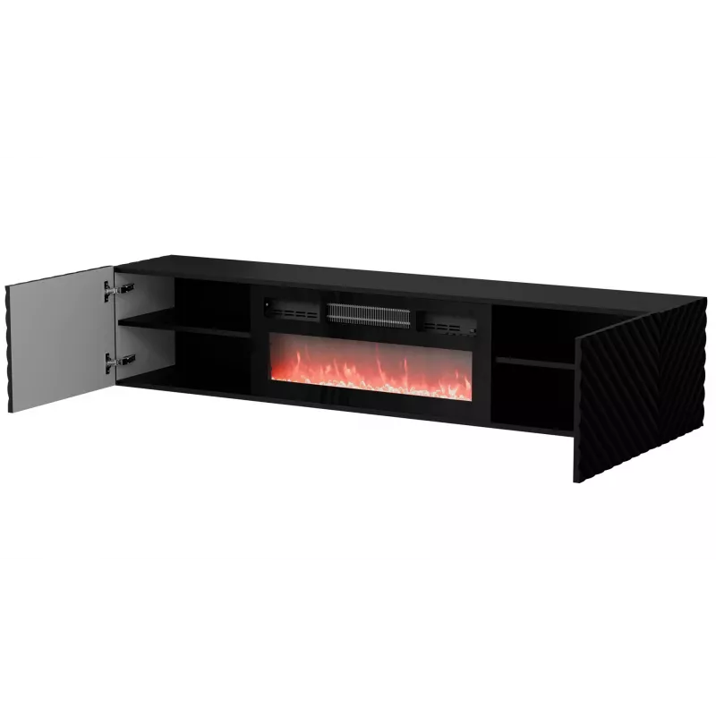 TV skapis Cama Meble LARA 183x35x37 cm melns matēts ar iebūvētu elektrisko kamīnu