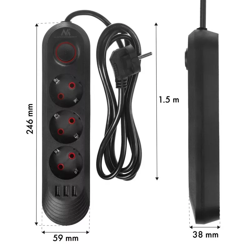 Strāvas sadalītājs MACLEAN MCE394 B — 3 rozetes + 3×USB A, 110–240 V, 2,1 A USB, 2500 W, 1,5 m kabelis, melns
