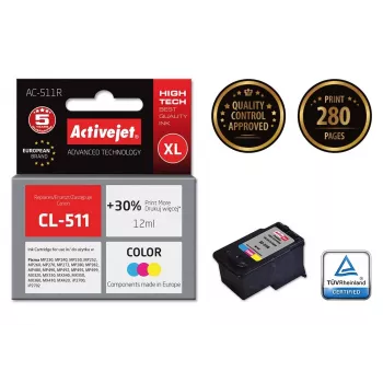 Tintes kasetne ActiveJet AC-511R saderīga ar Canon CL-511, uz krāsvielas bāzes CMY, liela (XL) ietilpība 12 ml, viens iepakojums