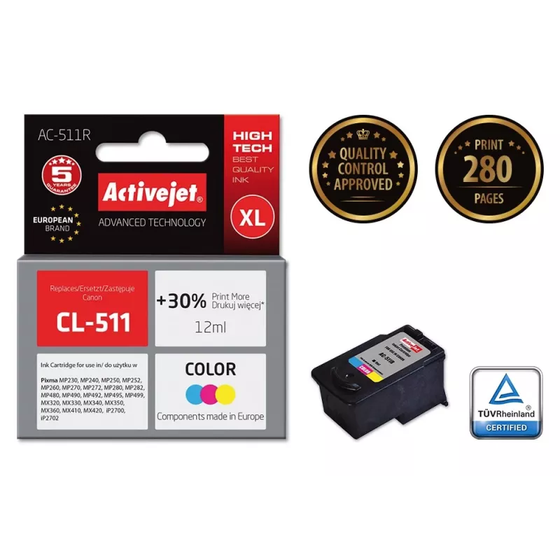 Tintes kasetne ActiveJet AC-511R saderīga ar Canon CL-511, uz krāsvielas bāzes CMY, liela (XL) ietilpība 12 ml, viens iepakojums