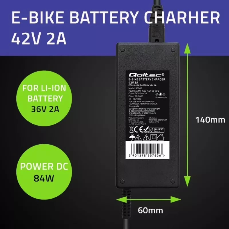 Qoltec 50761 Lādētājs e-velosipēdu akumulatoriem 36V | 42V | 2A | 5.5*2.5