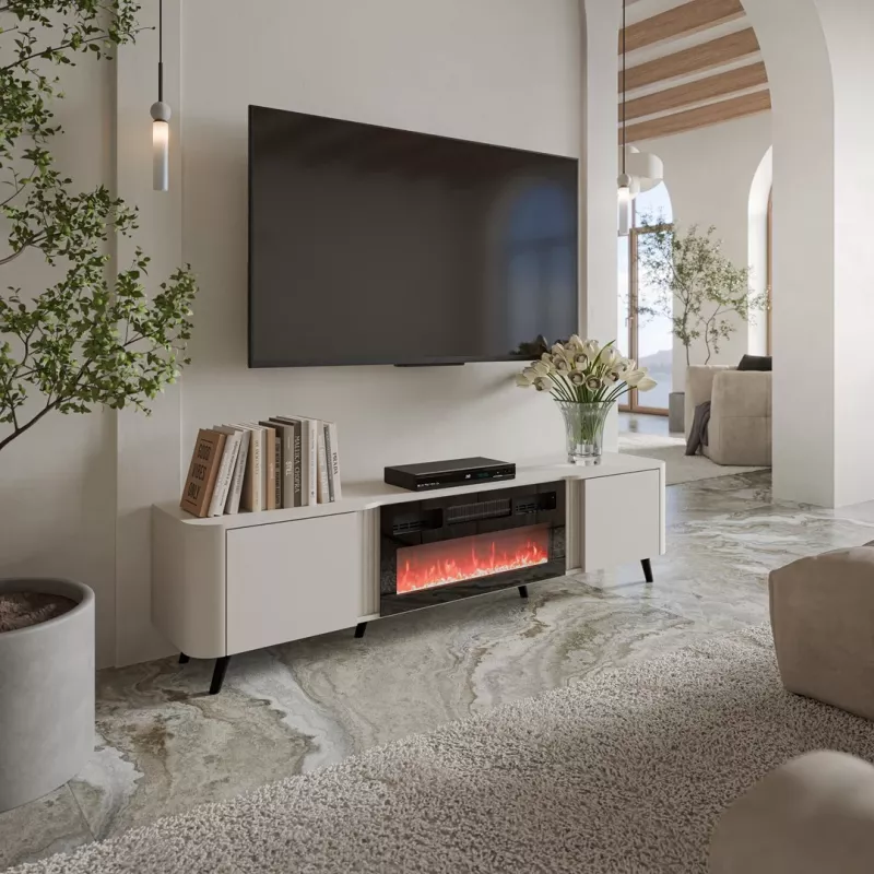 TV skapītis Cama Meble Volare 200 x 39 x 49 cm kašmira krāsā ar elektrisko kamīnu