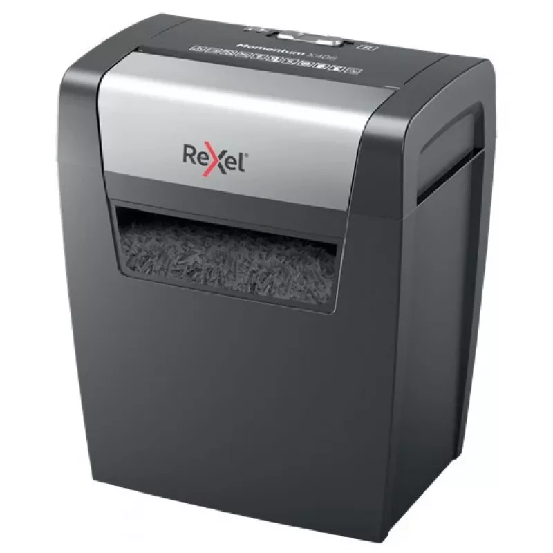 Rexel Momentum X406 krusteniskās griešanas papīra smalcinātājs P4, daļiņu griešana, 4 x 28 mm, 15 L, 125 loksnes, 70 dB, pogas