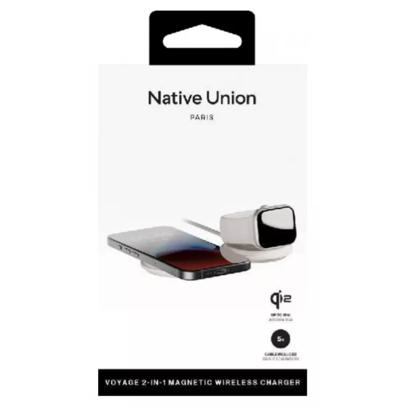 Iekštelpu 2-in-1 bezvadu lādētājs native union Voyage 2-In-1 Wireless Charger Sandstone USB viedtālruņu saderība gaiši pelēks