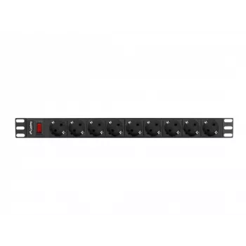 Strāvas sadales bloks LANBERG PDU-09F-0300-BK — 9x Type F rozetes, 3 m kabelis, alumīnija korpuss, 10 A