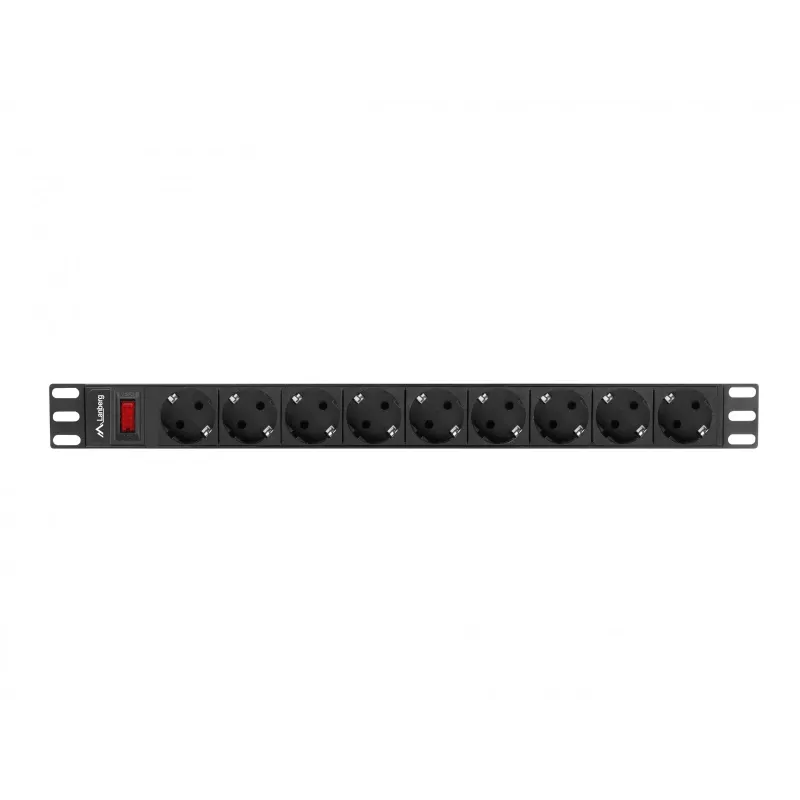Strāvas sadales bloks LANBERG PDU-09F-0300-BK — 9x Type F rozetes, 3 m kabelis, alumīnija korpuss, 10 A