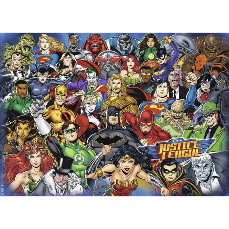 Jigsaw Puzzle Ravensburger Challenge DC Comics 1000 gab., premium savstarpēji savienojami gabali, gatavais izmērs apm. 68 x 49 cm