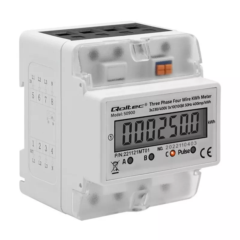 Trīsfāžu elektroniskais enerģijas skaitītājs QOLTEC 50900 400V LCD 4P