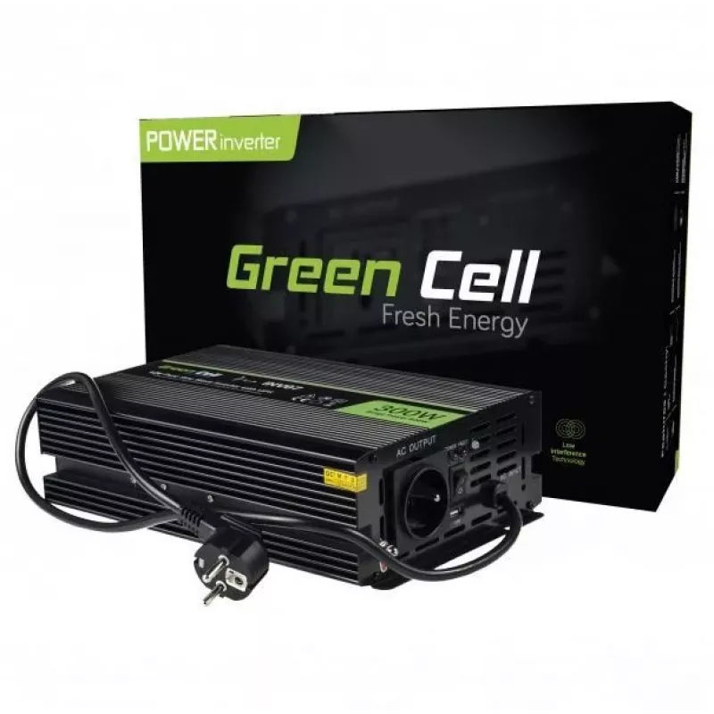 Strāvas pārveidotājs zaļa Cell INV07, līdzstrāva 12 V uz maiņstrāvu 230 V, 300 W, 50 Hz, C tipa kontaktdakša, melns