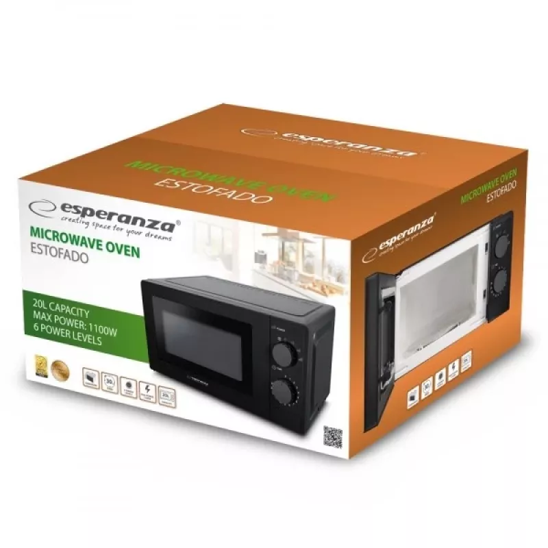 Solo mikroviļņu krāsns ESPERANZA ESTOFADO — 20 L, 700 W, 5 jaudas līmeņi, 24,5 cm grozāmais šķīvis, melna