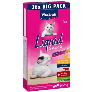 Kaķu kārums pastas Veidā Vitakraft VITAKRAFT Liquid Snack 16 x 15 g — Liellopu gaļa & Vistas gaļa, 240 g, bez konservantiem
