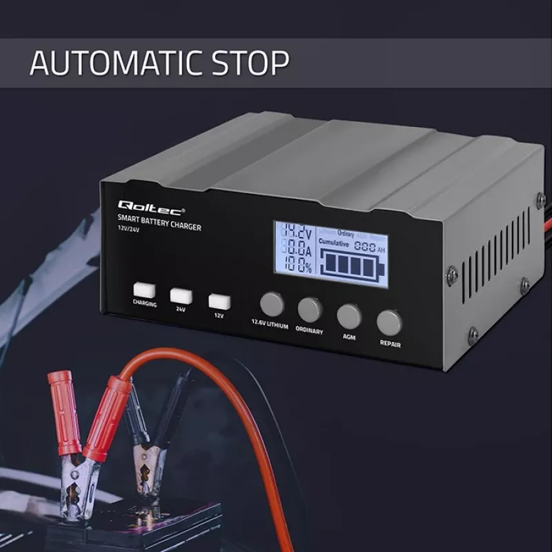 Bateriju lādētājs QOLTEC 52491 mikroprocesora 12V/12.6V/24V ar LCD