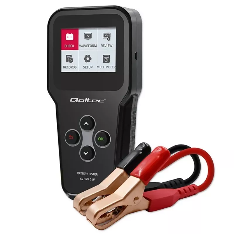 Qoltec 52489 Digitālais akumulatora analizators testētājs 3-in-1 ar LCD un daudzvalodu atbalstu 6V | 12V | 24V | 30Ah-200Ah