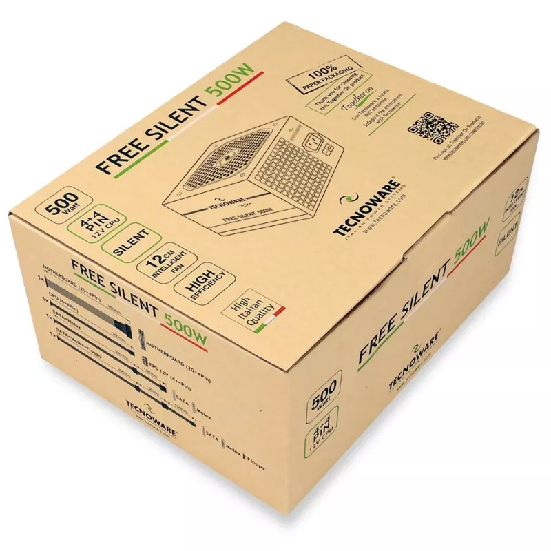 Barošanas bloks TECNOWARE Free Silent 500 W — ATX, 20+4 pin, 120 mm ventilators, 86% efektivitāte