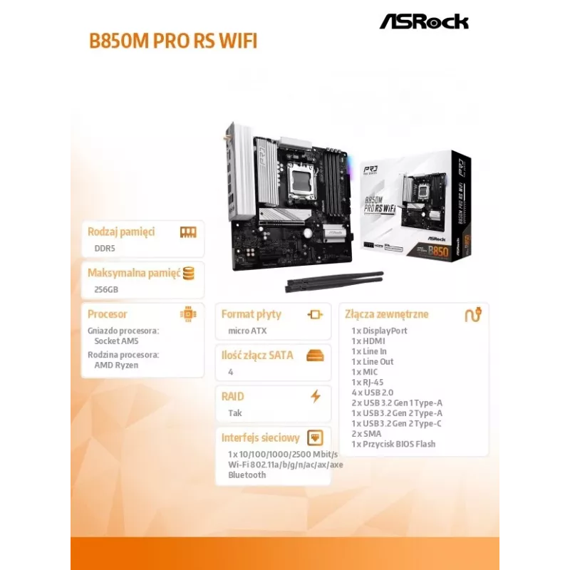 ASRock B850M Pro RS WiFi mātesplate — AMD B850, Socket AM5, microATX, DDR5, 4 DIMM, 256GB, Wi‑Fi 6E, 2.5Gb LAN, 3x M.2
