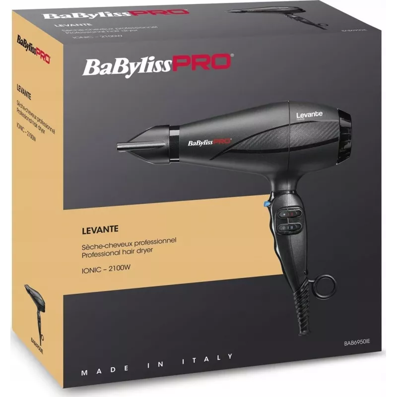 Matu žāvētājs BaByliss PRO Levante 2100 W, maiņstrāvas motors, jonizācijas funkcija, 2 siltuma/2 ātruma līmeņi, melns
