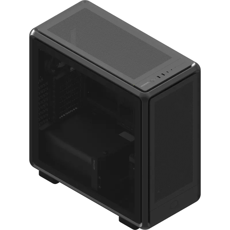 PC Midi Tower Cooler Master MasterFrame 600 Mesh — melns, atbalsta ATX/EATX, 2x200 mm priekšējie ventilatori, priekšējo/sānu ventilatoru atbalsts, 2x3,5 collu + 3x2,5 collu nodalījumi
