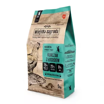 Sausā kaķēnu barība wiejskazagroda Kittens Chicken with Salmon 5 kg — pilnvērtīga diēta augošiem kaķēniem, 44% olbaltumvielu, 20% tauku
