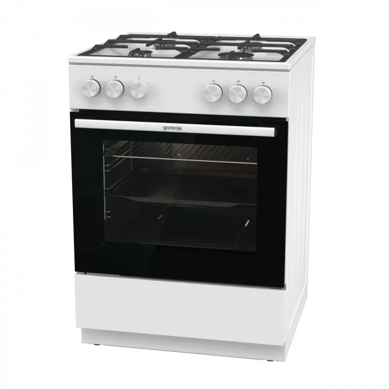 Brīvi stāvoša gāzes plīts Gorenje GG6A10WFFM, balta, 4 degļu plīts virsma, 72 L gāzes cepeškrāsns, rotējošas priekšējās vadības ierīces