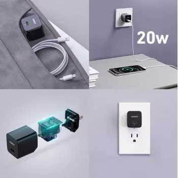 Sienas lādētājs Aukey PA-Y20S 20W USB-C Power Delivery, kompakts viena porta