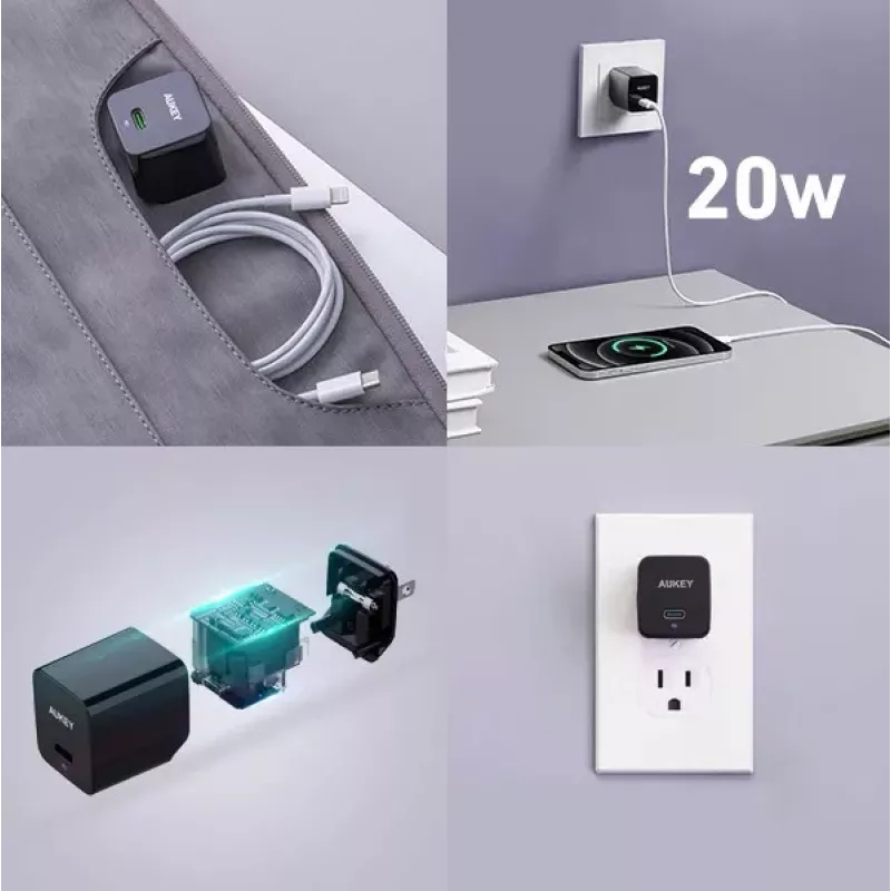 Sienas lādētājs Aukey PA-Y20S 20W USB-C Power Delivery, kompakts viena porta