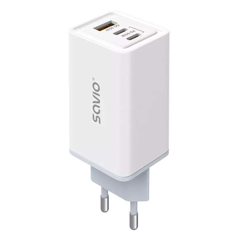 SAVIO LA-07 GaN 65W tīkla lādētājs, USB, QC4.0+, PD 3.0, Balts