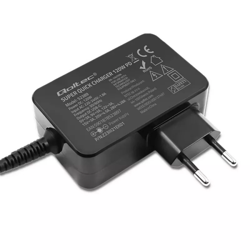 Qoltec PD 120W Turbo Fast Charger | 5-28V | 3-4.5A | USB-C | Melns
